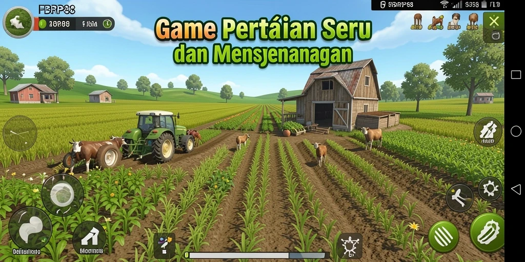 Screenshot gameplay FBRP88 menampilkan ladang yang subur dan hewan ternak.