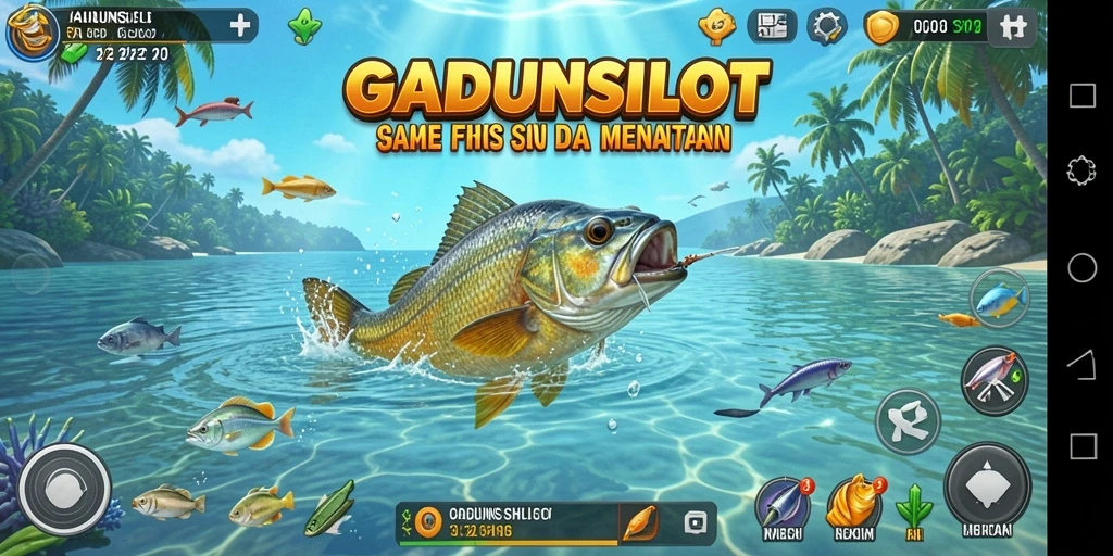 Screenshot GADUNSLOT menampilkan aksi menangkap ikan yang mendebarkan di lokasi tropis.