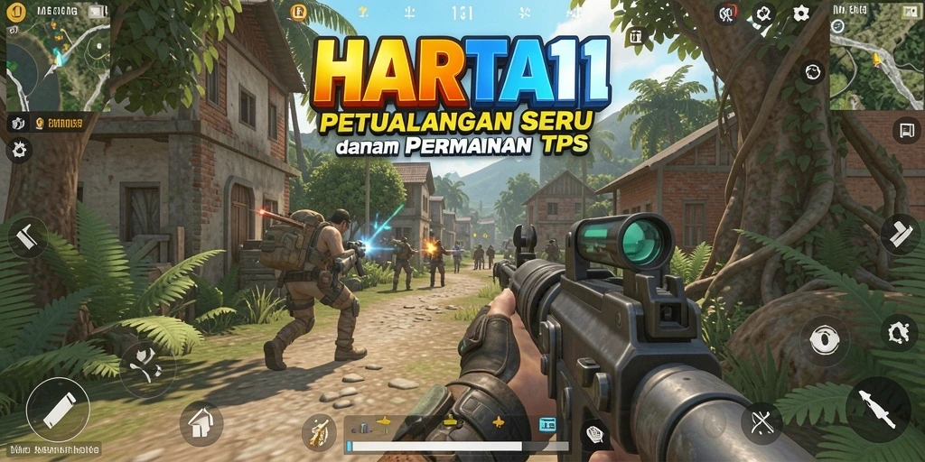 Tangkapan layar utama HARTA11 menampilkan aksi intens dalam permainan TPS.