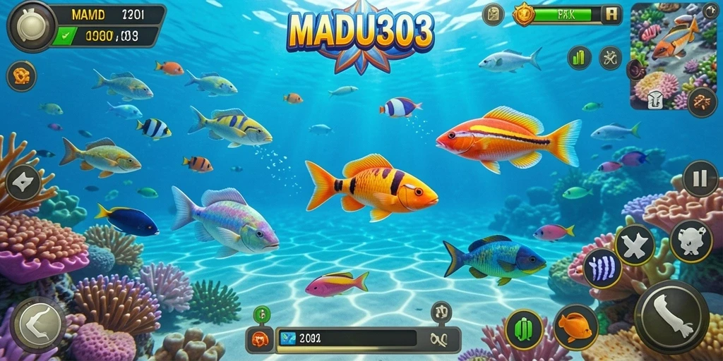 Screenshot MADU303 menampilkan gameplay Tembak Ikan yang seru dan mengasyikkan.